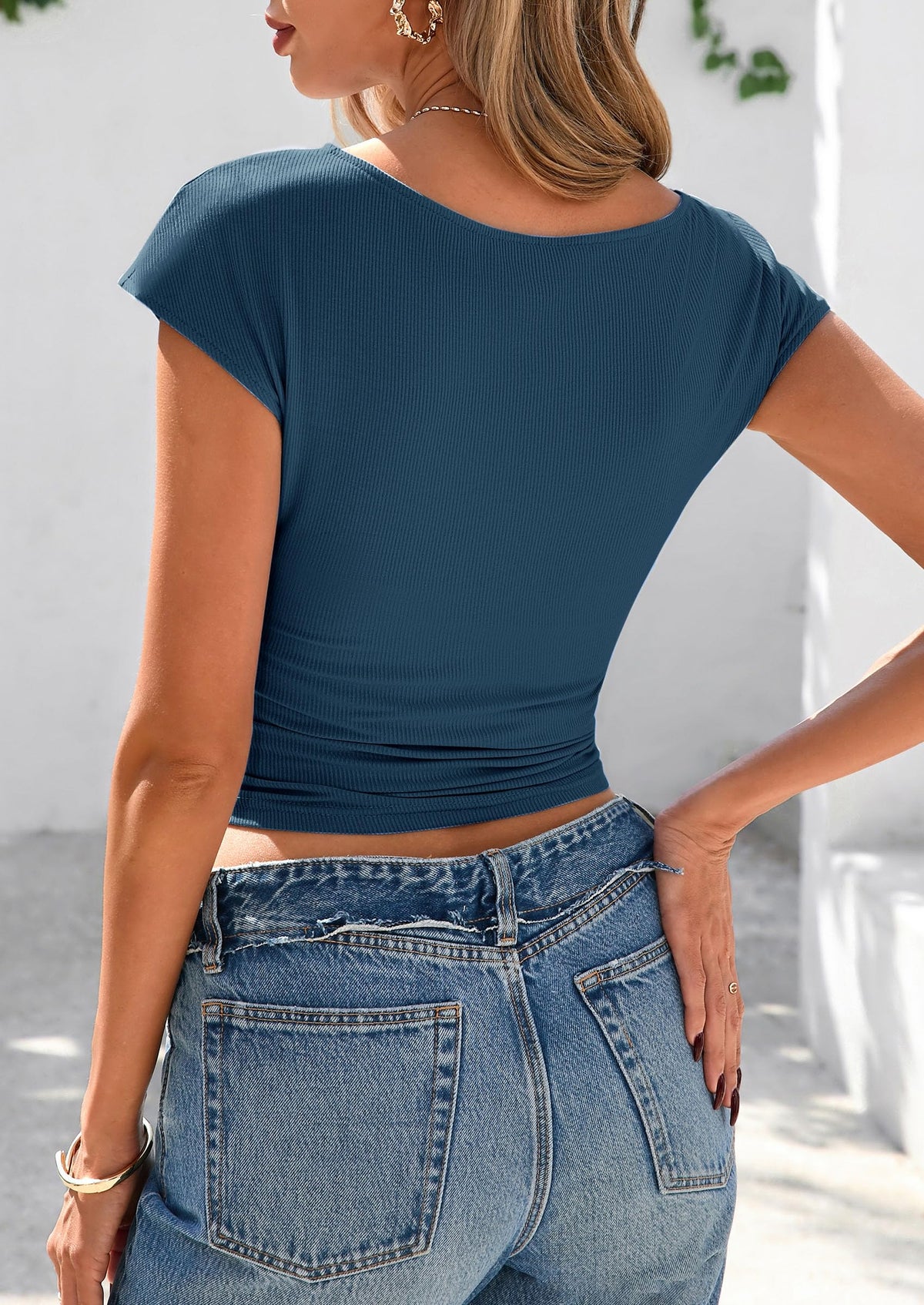 Ruched Crop Cap Sleeve Ribbed Knit Fitted Going Out T-shirts