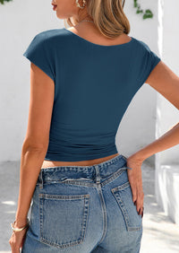 Ruched Crop Cap Sleeve Ribbed Knit Fitted Going Out T-shirts