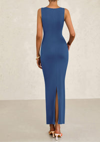 Sleeveless Ruched Bodycon Slit Long Maxi Dresses