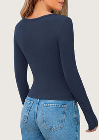 Long Sleeve Henley Ribbed Knit Button Up Slim Fitted Basic Casual T-shirts