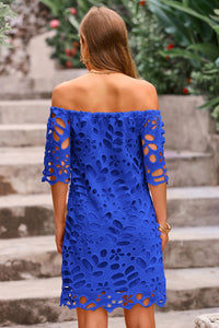 Off Shoulder Vintage Floral Lace Flare Short Sleeve Loose Elegant Mini Dress