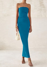 Strapless Tube Bodycon Ruched Slit Maxi Dresses