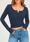 PRETTYGARDEN Women's Summer Long Sleeve Henley T Shirts Ribbed Knit Button Slim Fitted Basic Casual Going Out Fall Tops
