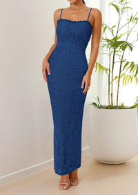 Elegant Spaghetti Strap Lace Floral Bodycon Maxi Dress