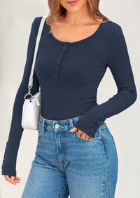 Long Sleeve Henley Ribbed Knit Button Up Slim Fitted Basic Casual T-shirts