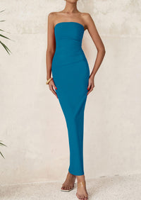 Strapless Tube Bodycon Ruched Slit Maxi Dresses