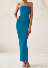 Strapless Tube Bodycon Ruched Slit Maxi Dresses