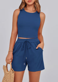 Solid Color Casual Sleeveless Two Piece Sets