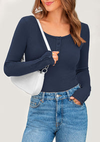 Long Sleeve Henley Ribbed Knit Button Up Slim Fitted Basic Casual T-shirts