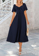 Casual Short Sleeve Bow Tie V Neck Ruffle Flowy Midi Dresses