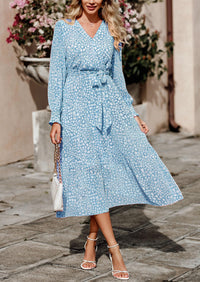 Long Sleeve V Neck Ruffle Belted Boho Dresses