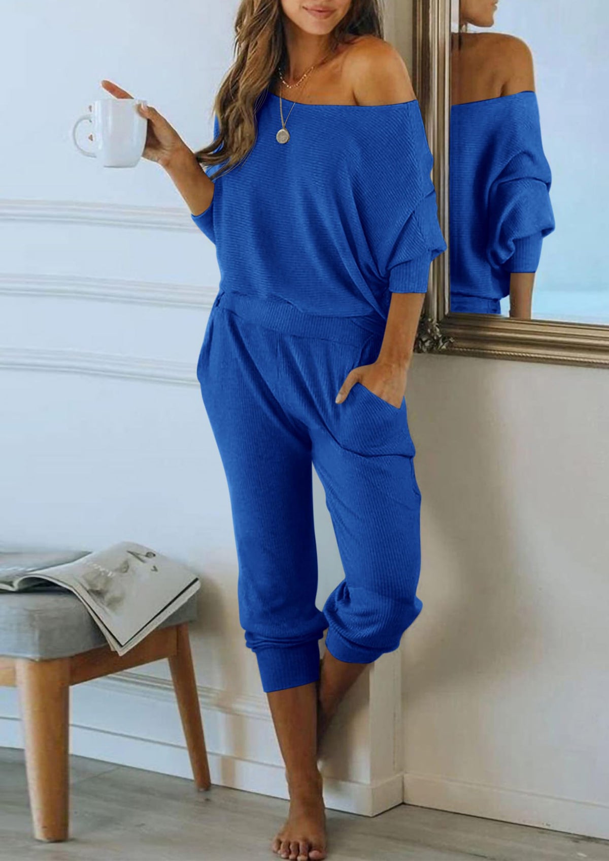 Ribbed Off Shoulder Long Sleeve Pullover Lounge Pants with Pockets Two Piece Sets