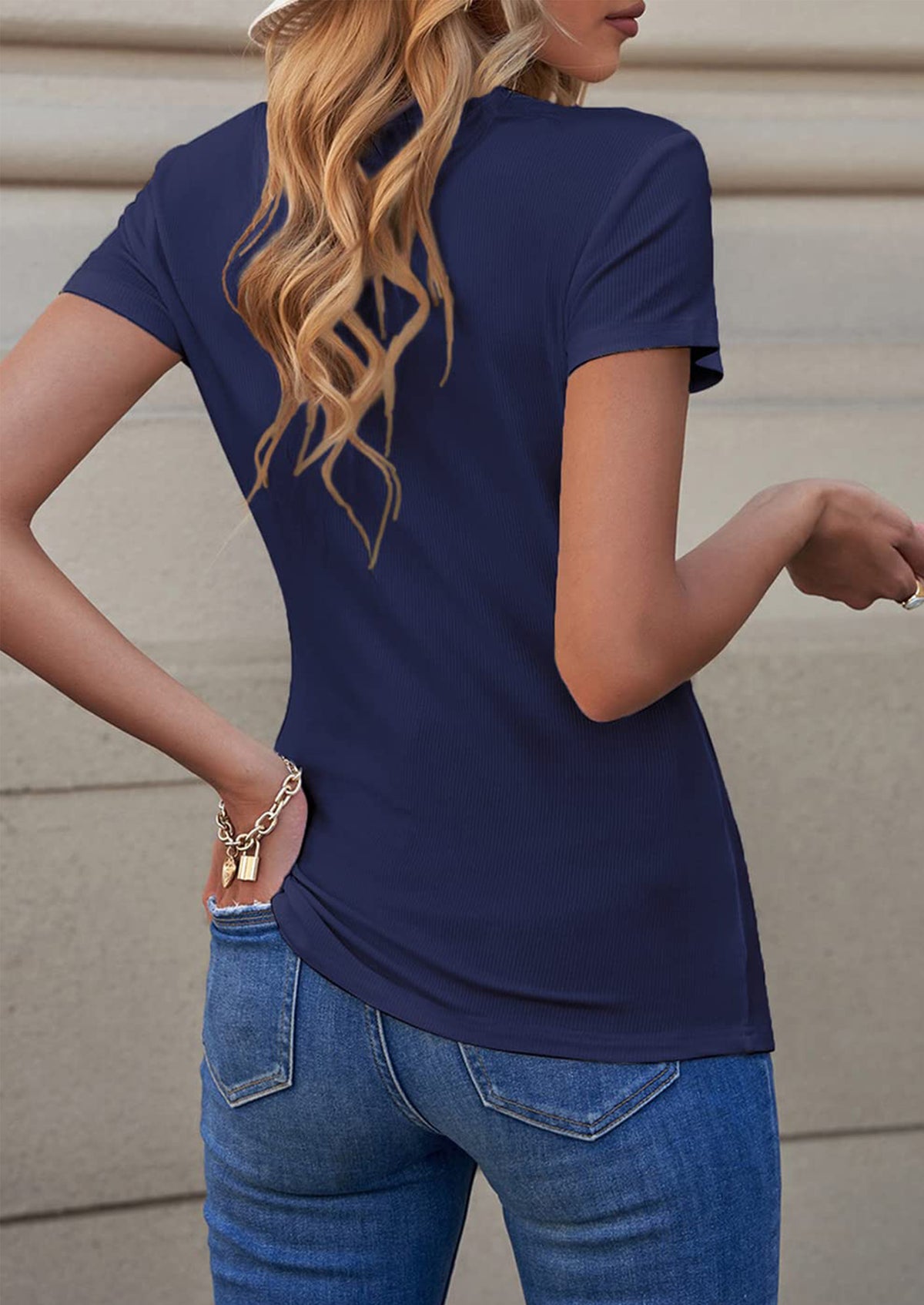 Short Sleeve V Neck Button Ribbed Knit T-shirt