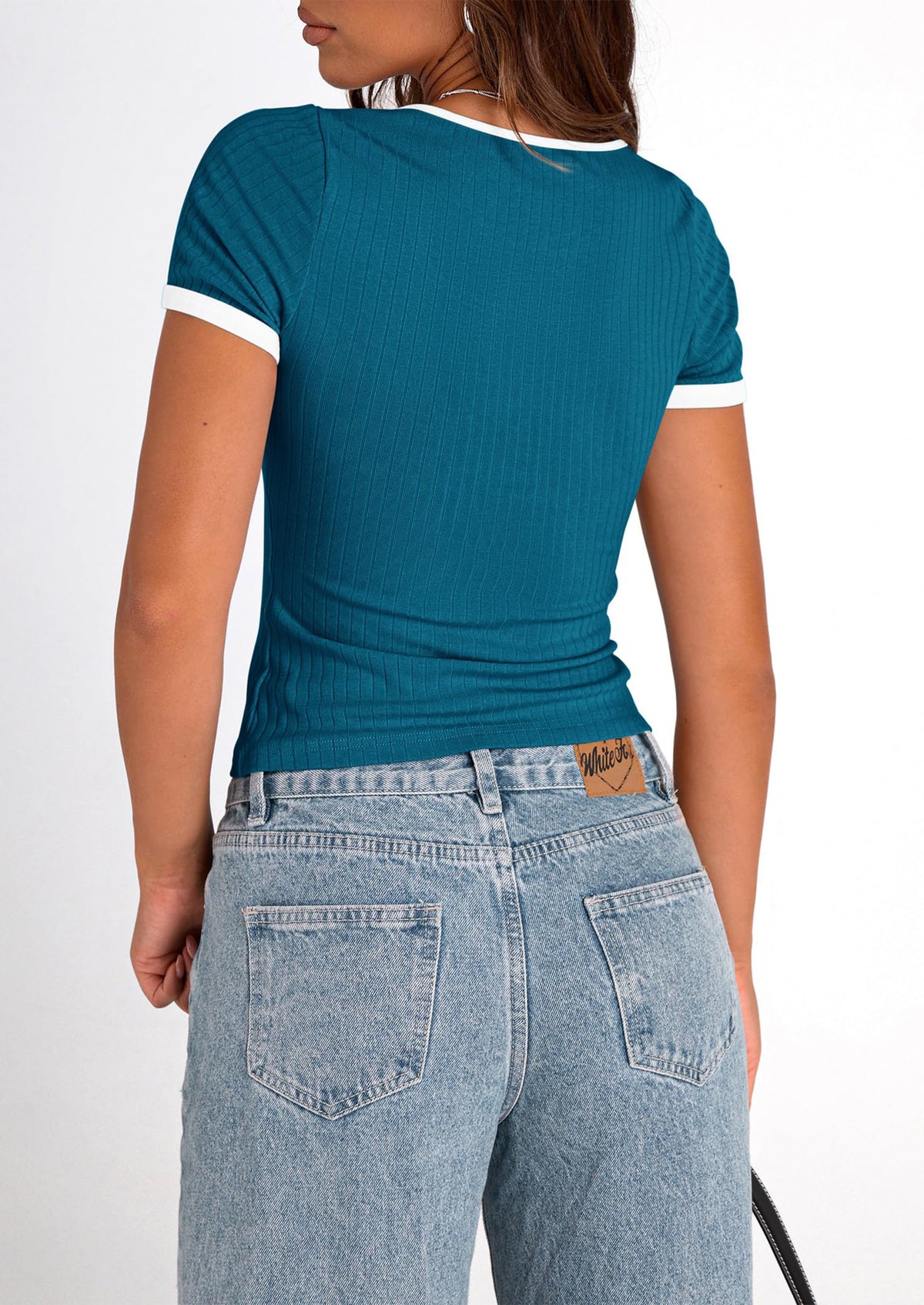 Casual Short Sleeve Ribbed Knit Square Neck Color Block Slim Fit Basic Crop T-shirts
