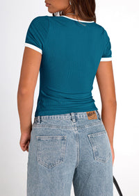Casual Short Sleeve Ribbed Knit Square Neck Color Block Slim Fit Basic Crop T-shirts