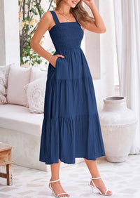 Smocked Ruffle A Line Long Flowy Sleeveless Beach Midi Dress