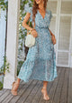 Floral Wrap V Neck Hem A-Line Bohemian Maxi Dresses