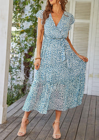 Floral Wrap V Neck Hem A-Line Bohemian Maxi Dresses
