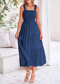 Smocked Ruffle A Line Long Flowy Sleeveless Beach Midi Dress