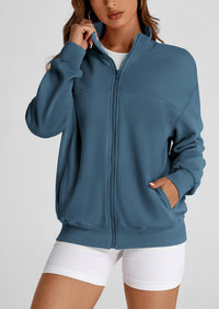 Full Zip Up Long Sleeve Loose Fit Trendy Casual Cardigan with Pockets
