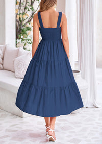 Smocked Ruffle A Line Long Flowy Sleeveless Beach Midi Dress