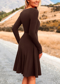 Ribbed Knit Crew Neck Long Sleeve A-Line Flowy Casual Elegant Mini Dresses
