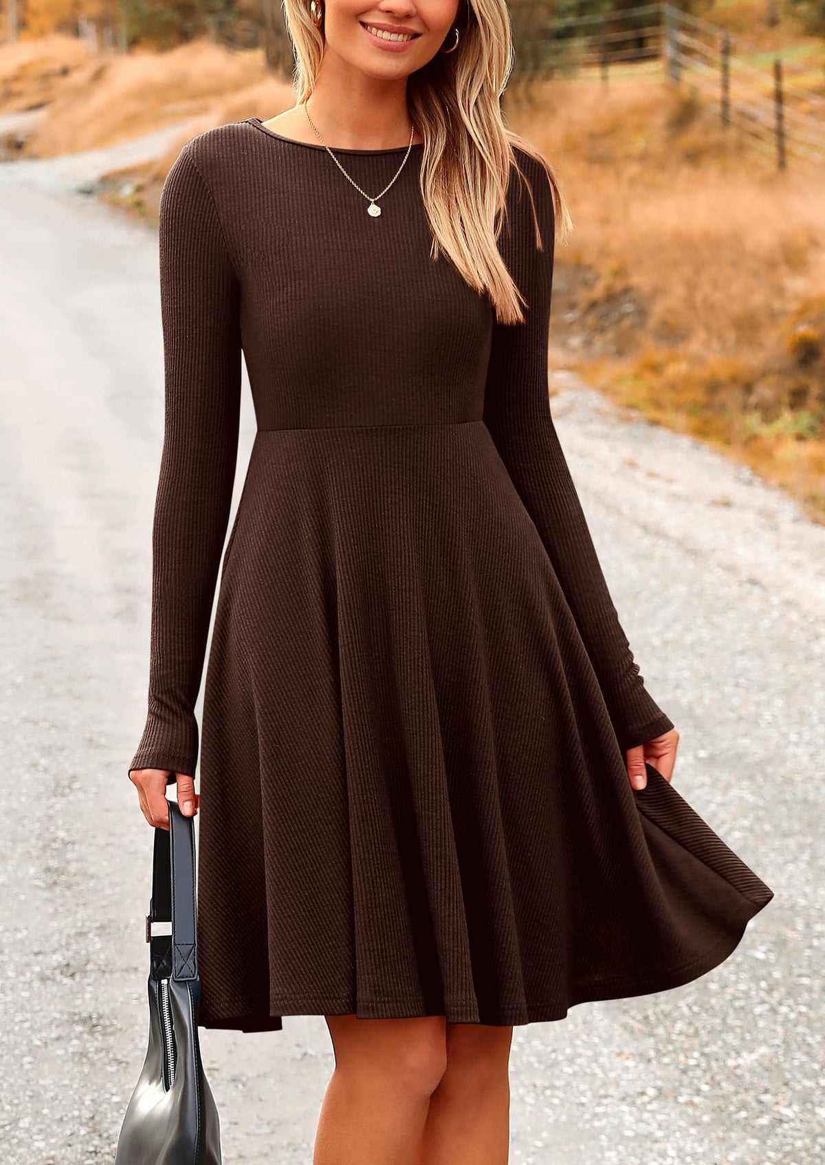 Ribbed Knit Crew Neck Long Sleeve A-Line Flowy Casual Elegant Mini Dresses