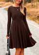 Ribbed Knit Crew Neck Long Sleeve A-Line Flowy Casual Elegant Mini Dresses