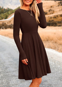 Ribbed Knit Crew Neck Long Sleeve A-Line Flowy Casual Elegant Mini Dresses