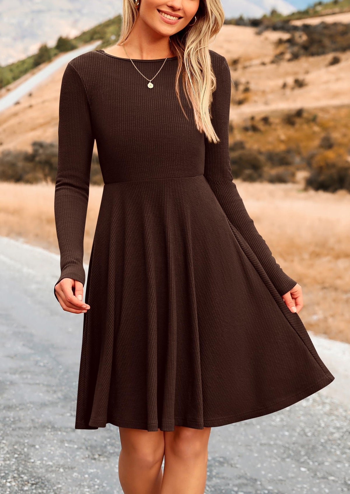 Ribbed Knit Crew Neck Long Sleeve A-Line Flowy Casual Elegant Mini Dresses