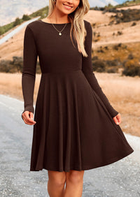 Ribbed Knit Crew Neck Long Sleeve A-Line Flowy Casual Elegant Mini Dresses