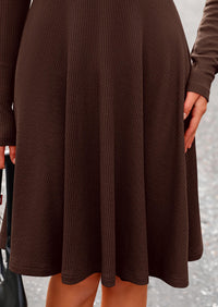 Ribbed Knit Crew Neck Long Sleeve A-Line Flowy Casual Elegant Mini Dresses