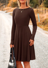 Ribbed Knit Crew Neck Long Sleeve A-Line Flowy Casual Elegant Mini Dresses