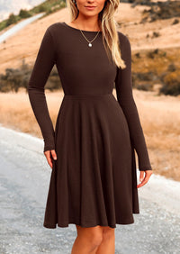 Ribbed Knit Crew Neck Long Sleeve A-Line Flowy Casual Elegant Mini Dresses