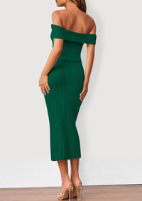 Off The Shoulder Elegant Ribbed Knit Bodycon Wedding Guest Sweater Midi Dresses