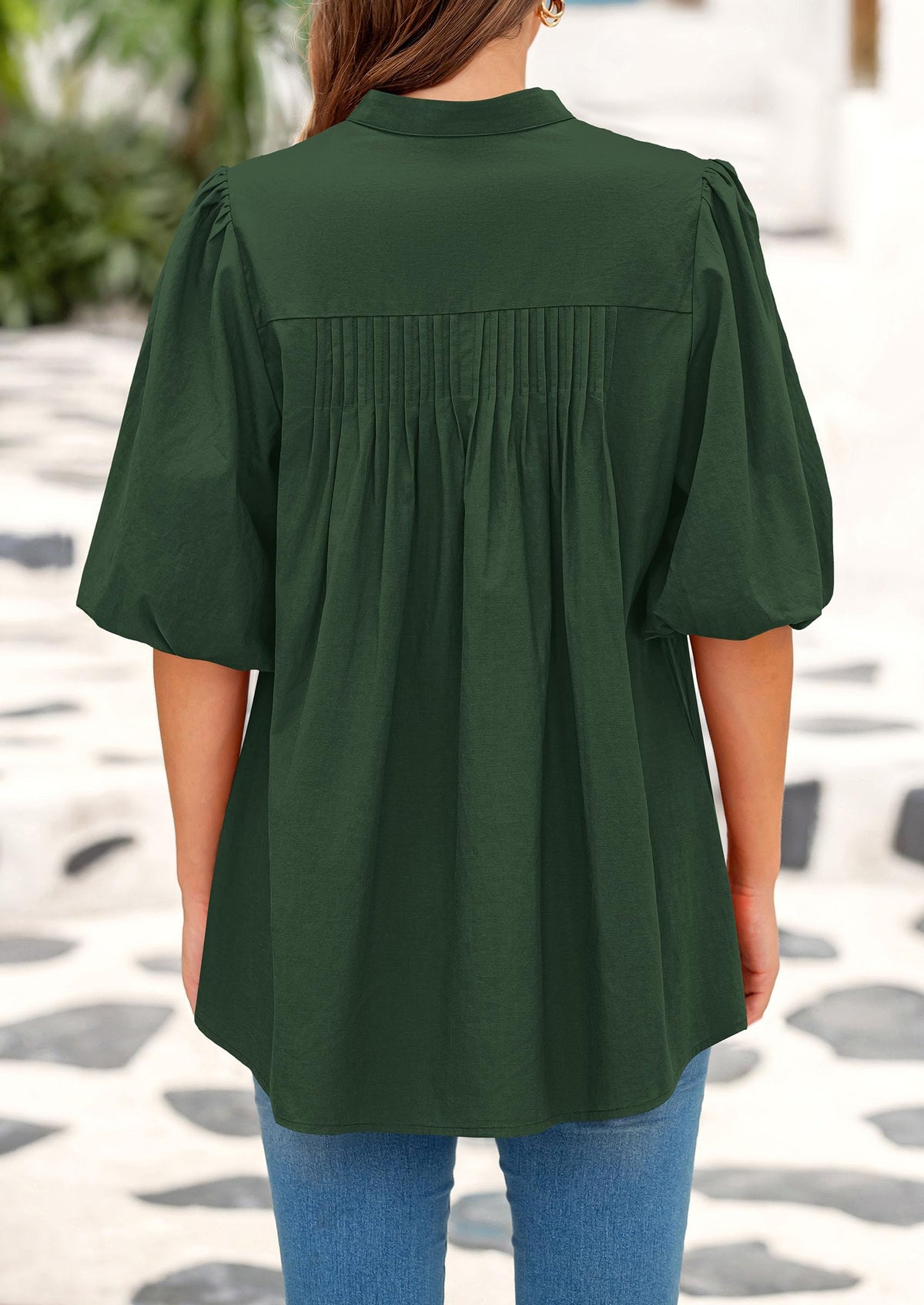 Lantern Sleeve Loose Fit Button Down Casual Pleated V Neck Blouses