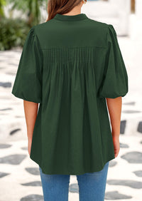 Lantern Sleeve Loose Fit Button Down Casual Pleated V Neck Blouses