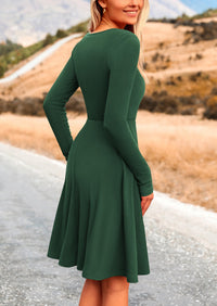Ribbed Knit Crew Neck Long Sleeve A-Line Flowy Casual Elegant Mini Dresses