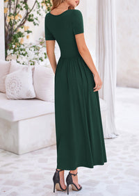Casual Short Sleeve Ruched Patchwork A Line Pleated Swing Maxi Dresses with Pockets