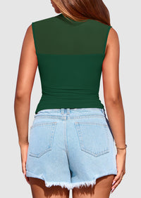 Sheer Mesh Casual Sleeveless Mock Neck Ruched Slim Fitted Tank Tops
