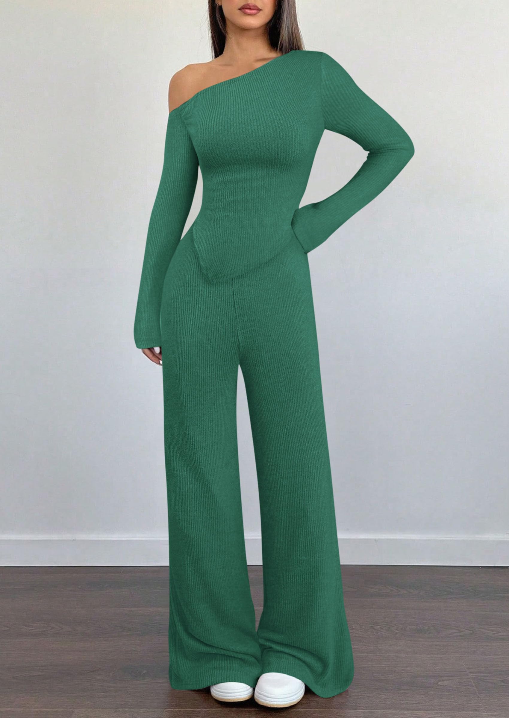 PRETTYGARDEN Casual Two Piece Sets for Women Fall Outfits Asymmetrical Off Shoulder Tops Wide Leg Pants Knit Lounge Set