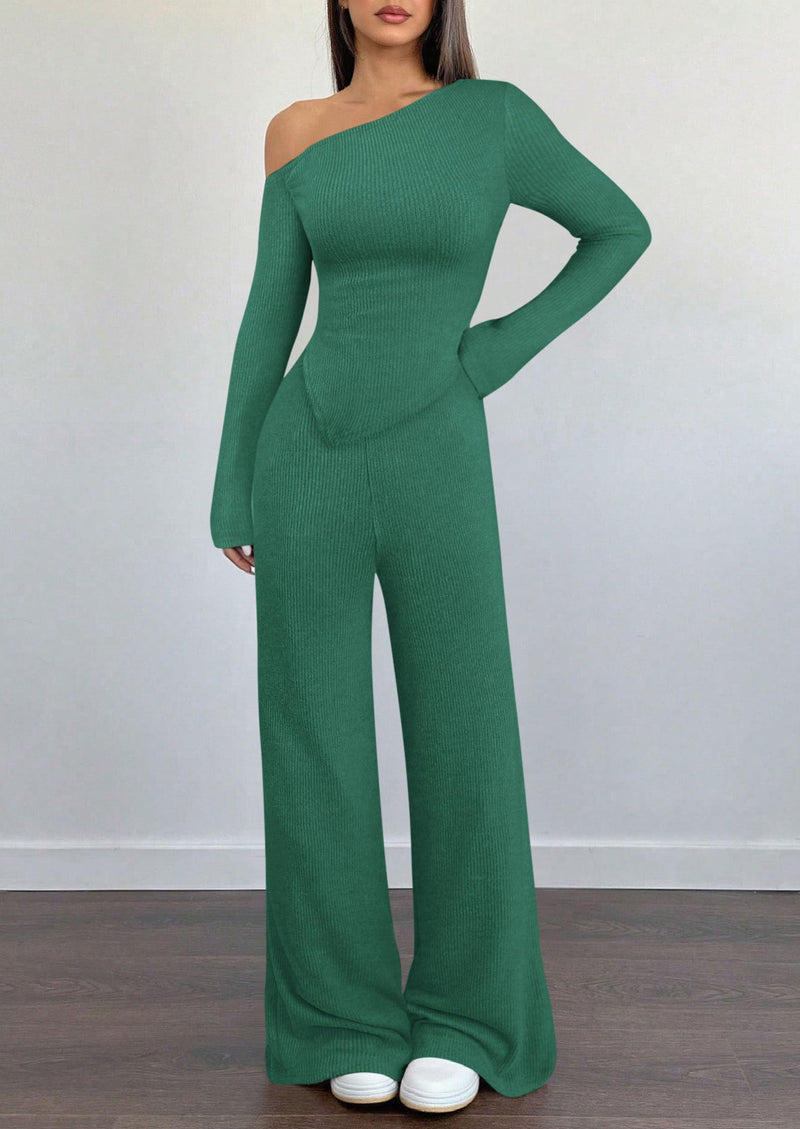 PRETTYGARDEN Casual Two Piece Sets for Women Fall Outfits Asymmetrical Off Shoulder Tops Wide Leg Pants Knit Lounge Set