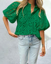 PRETTYGARDEN Women's Summer Short Sleeve Tops 2025 Dressy Casual Buttons V Neck Hollow Out Lace Embroidered Blouses Shirts