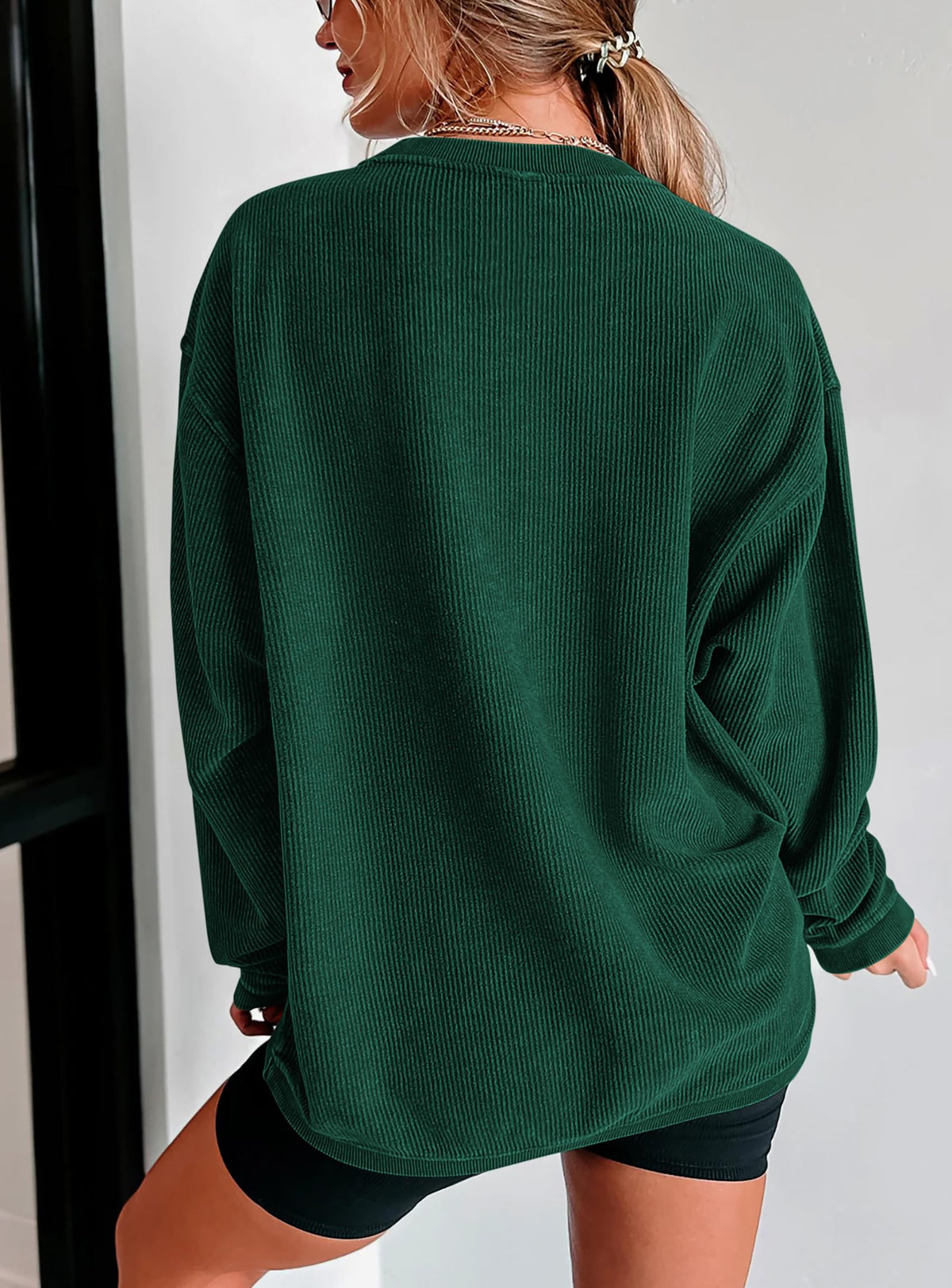 Ribbed Corduroy Crew Neck Long Sleeve Loose Fit Casual Oversized Sweatshirt