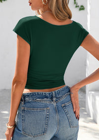 Ruched Crop Cap Sleeve Ribbed Knit Fitted Going Out T-shirts