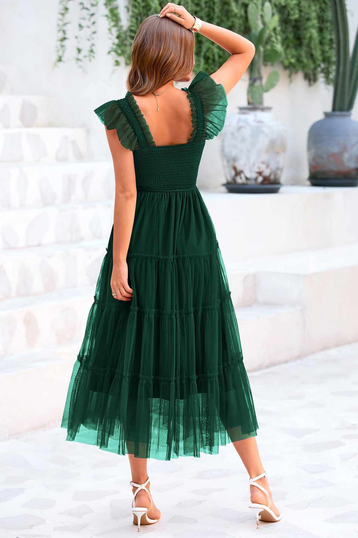 Casual Sleeveless Smocked Ruffle Tulle Flowy Beach Sundress