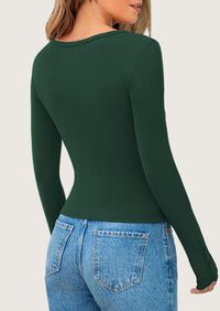 Long Sleeve Henley Ribbed Knit Button Up Slim Fitted Basic Casual T-shirts