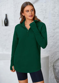 PRETTYGARDEN Womens Long Sleeve Quarter Zip Pullover Sweater Casual Loose V Neck Collared Ribbed Knit Jumper Tops Thumb Hole