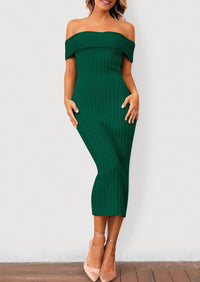 Off The Shoulder Elegant Ribbed Knit Bodycon Wedding Guest Sweater Midi Dresses