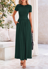 Casual Short Sleeve Ruched Patchwork A Line Pleated Swing Maxi Dresses with Pockets